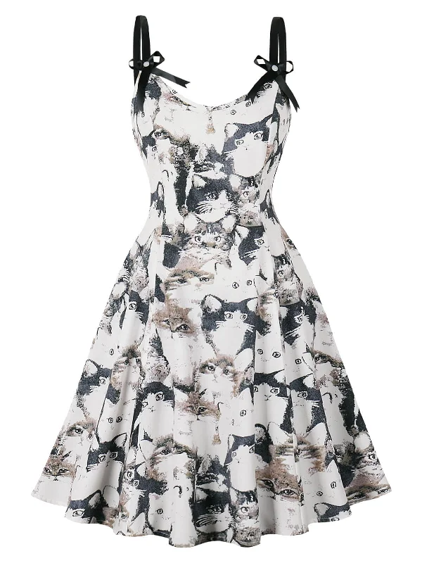 Affordable fashion that looks high-end   White & Black 1950s Cats Print Strap Dress