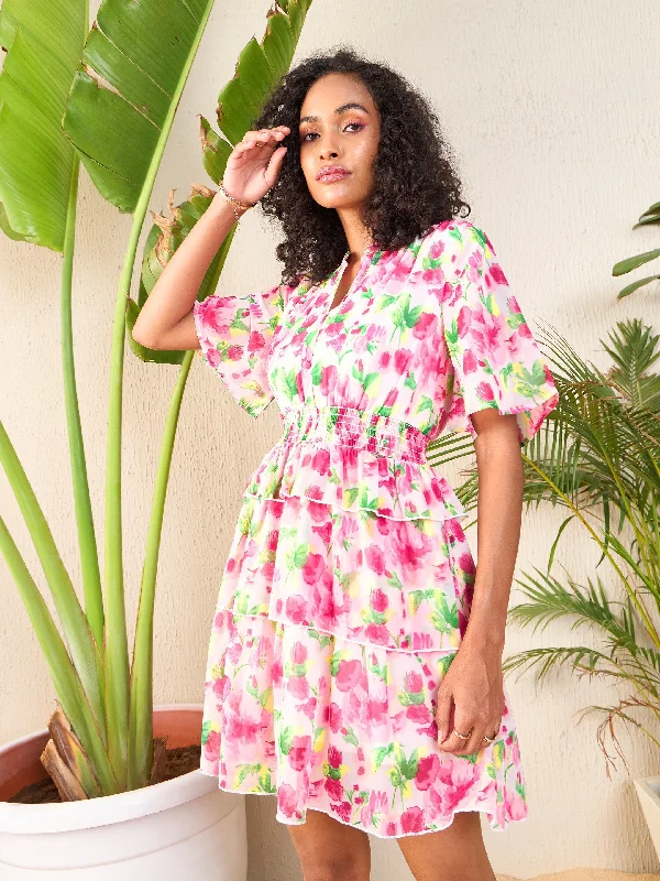 Trendy women’s clothing    Women Pink Floral Layered Hem Short Dress