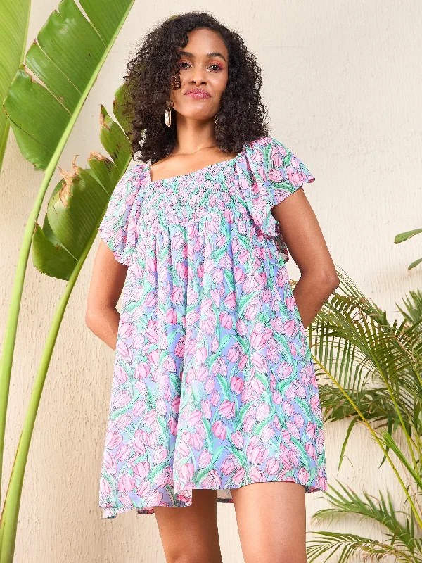 Fashion-forward women’s clothing on a budget Women Pink Tulip Print Smocked Short Dress Fashion-forward women’s clothing on a budget Women Pink Tulip Print Smocked Short Dress