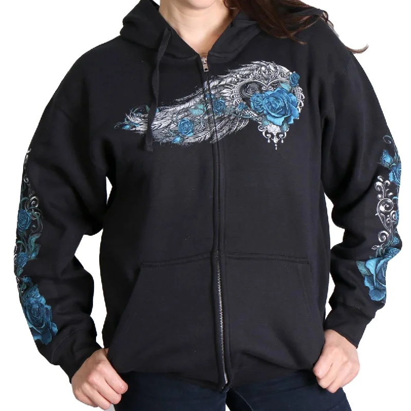 Sporty-chic women’s apparel for active lifestyles Hot Leathers GLZ4345 Women's 'Angel Roses' Zip Up Hooded Black Sweat Shirt Sporty-chic women’s apparel for active lifestyles Hot Leathers GLZ4345 Women's 'Angel Roses' Zip Up Hooded Black Sweat Shirt