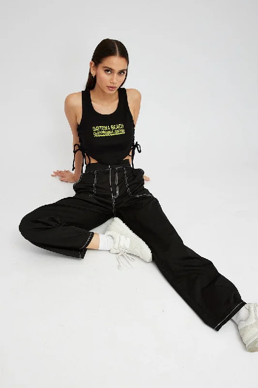 Chic for every occasion and style   Black Cargo Pants Mid Rise Contrast Stitch