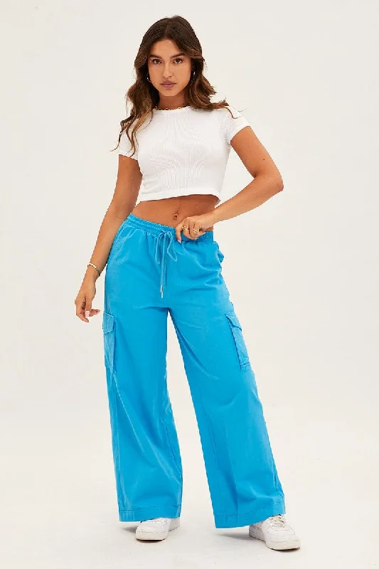 Look and feel your best in our women’s wear Blue Cargo Pant Wide Leg Elastic Waist Cotton Twill Look and feel your best in our women’s wear Blue Cargo Pant Wide Leg Elastic Waist Cotton Twill