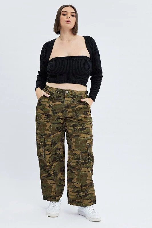 Comfortable yet fashionable women’s wear Green Abstract Cargo Pants Camouflage Wide Leg Cotton Drill Comfortable yet fashionable women’s wear Green Abstract Cargo Pants Camouflage Wide Leg Cotton Drill