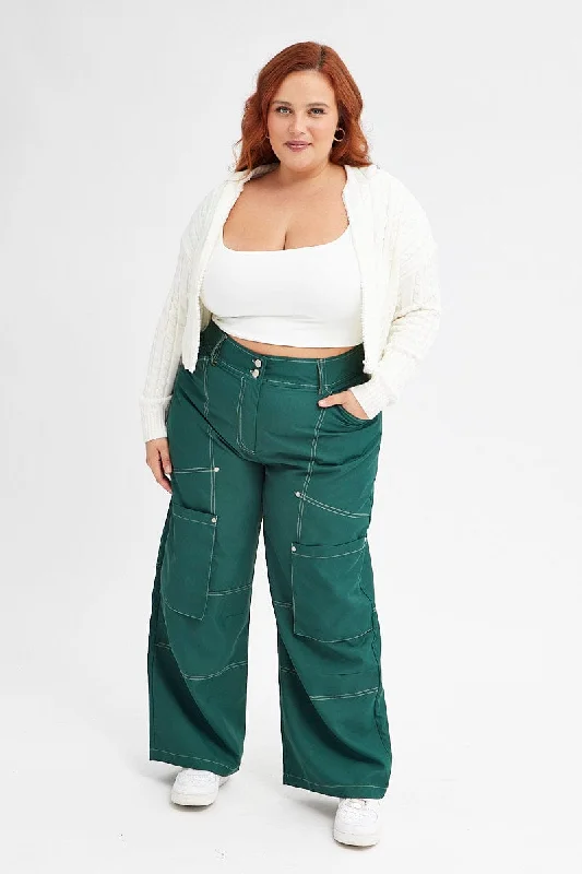 Everyday essentials for a stylish wardrobe Green Cargo Pant Wide Leg Contrast Stitch Everyday essentials for a stylish wardrobe Green Cargo Pant Wide Leg Contrast Stitch