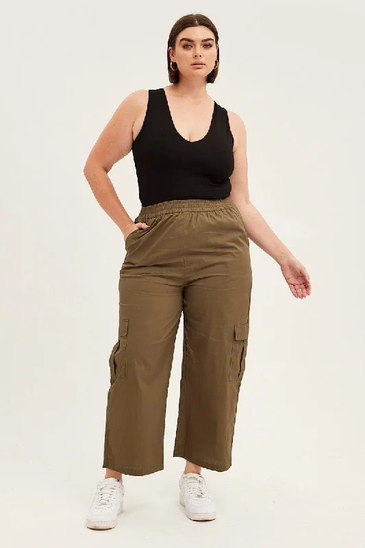 Feminine silhouettes for the modern woman   Green Cargo Wide Leg Pants High Rise